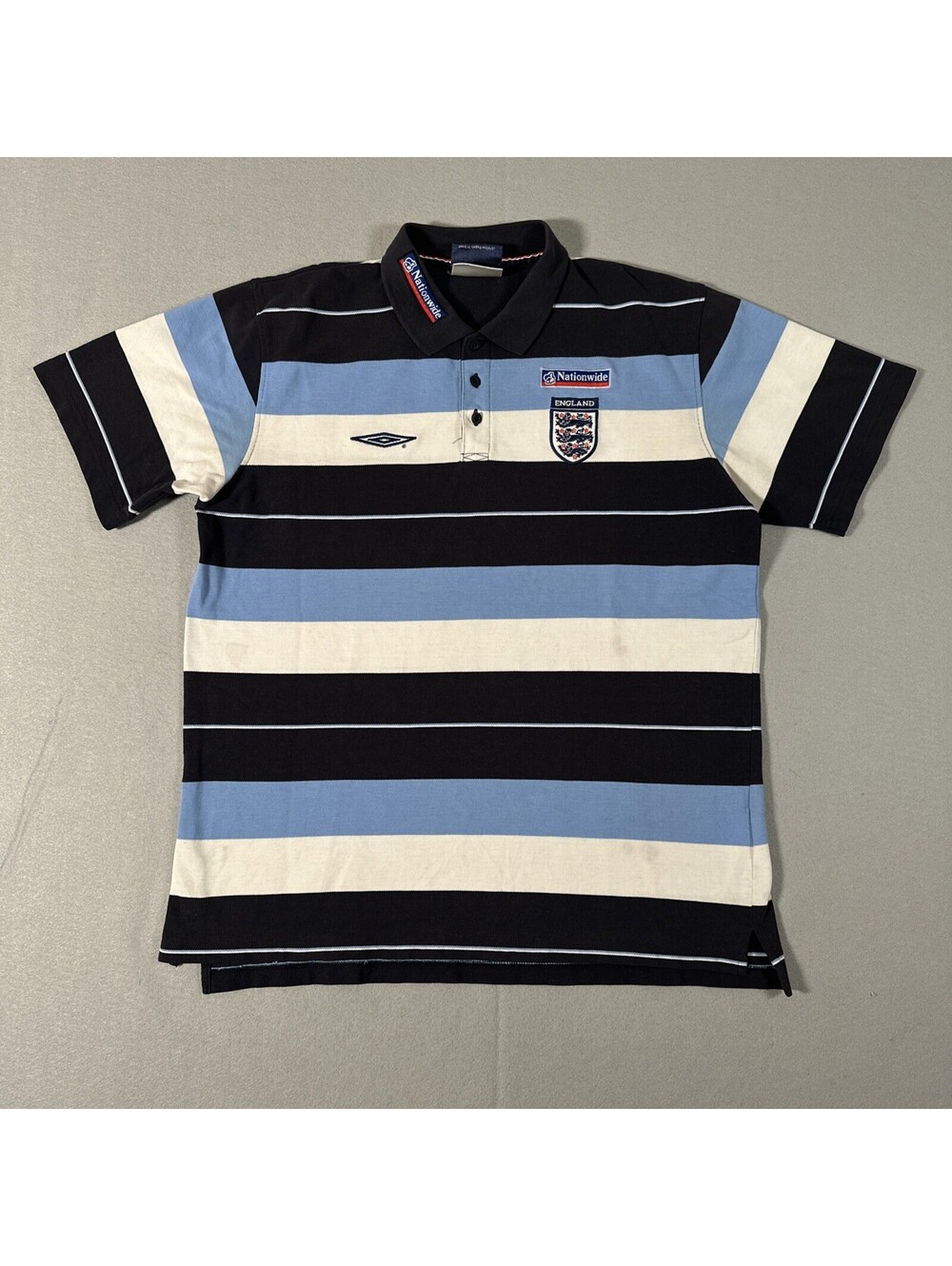 Vintage Umbro England Polo Shirt XL Football Soccer Blue White Button (Stains)